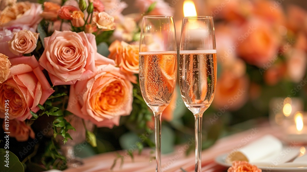 Two champagne flutes sit adjacent to each other on a table surrounded by pink and orange flowers, framing a vase of roses Two champagne flutes sit adjacent to each other on a table surrounded by pink and orange flowers, framing a vase of roses