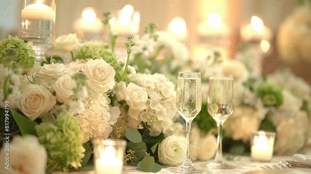 A detailed image of a small wooden table adorned with colorful bouquets and a stemmed glass, surrounded by flickering candle flames A detailed image of a small wooden table adorned with colorful bouquets and a stemmed glass, surrounded by flickering candle flames