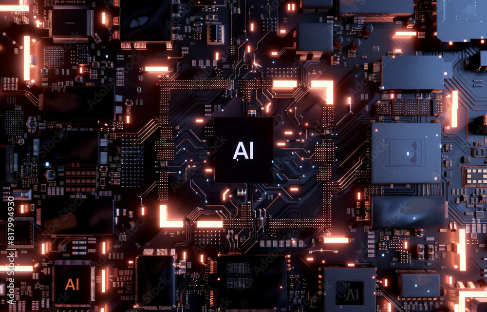 Close-up of an AI circuit board with glowing orange components, showcasing advanced technology and intricate design.
Close-up of an AI circuit board with glowing orange components, showcasing advanced technology and intricate design.