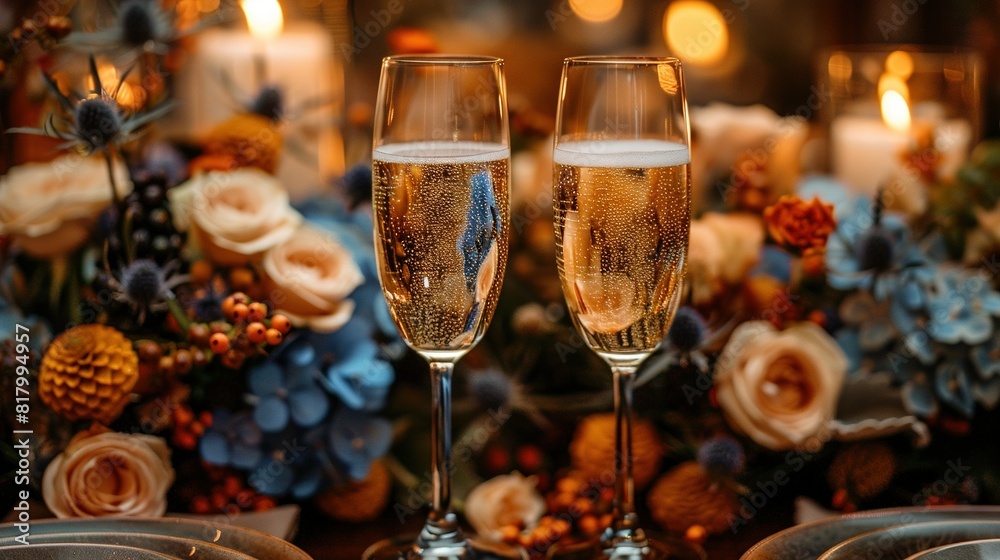   Two glasses of champagne sit on the table next to a vase of flowers and candles