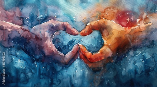   A watercolor painting depicts two hands intertwined against a backdrop of blue, red, and orange hues © Nadia