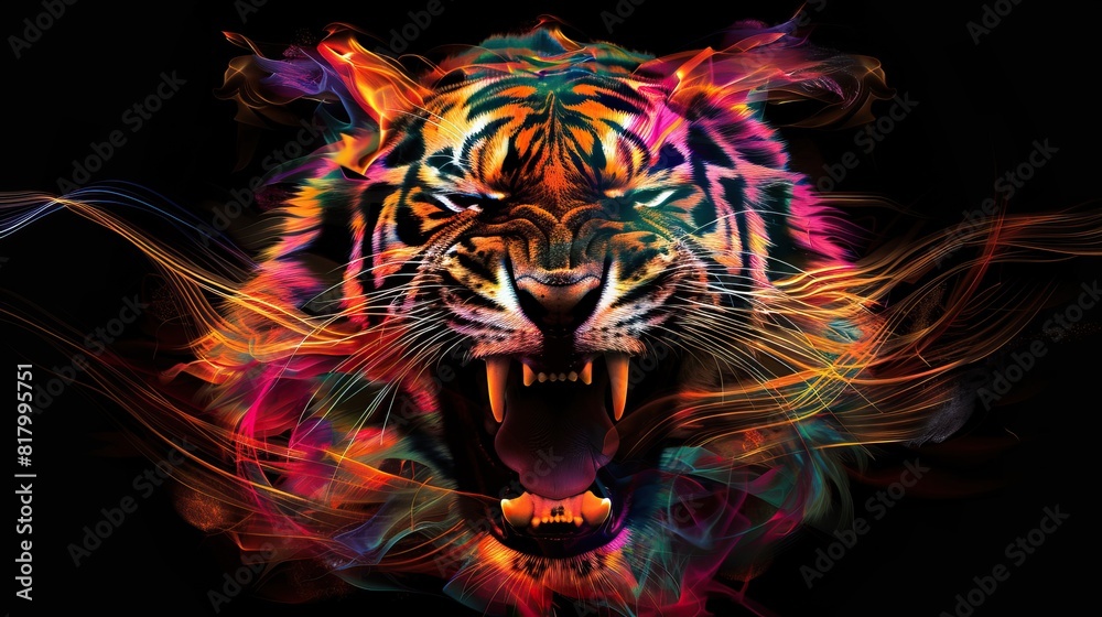 A vibrant, digital art representation of a roaring tiger surrounded by fiery colors A vibrant, digital art representation of a roaring tiger surrounded by fiery colors
