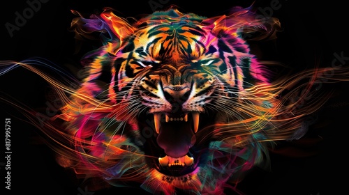 A vibrant, digital art representation of a roaring tiger surrounded by fiery colors © StasySin