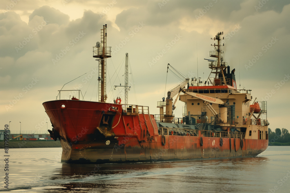 Fototapeta premium A large, red ship docked near the shore under a cloudy sky