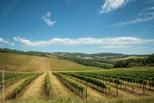 A lush vineyard under a clear blue sky, nestled amidst rolling hills