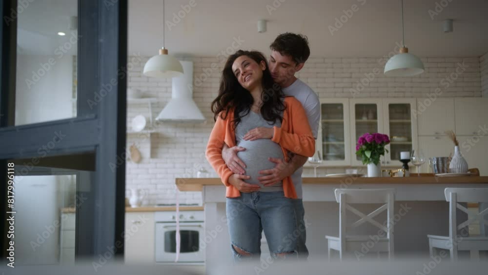 Caucasian family happy pregnant couple cuddling love relationship woman pregnancy man female male guy girl at home kitchen dancing slow touching belly baby child anticipation health medicine insurance Caucasian family happy pregnant couple cuddling love relationship woman pregnancy man female male guy girl at home kitchen dancing slow touching belly baby child anticipation health medicine insurance