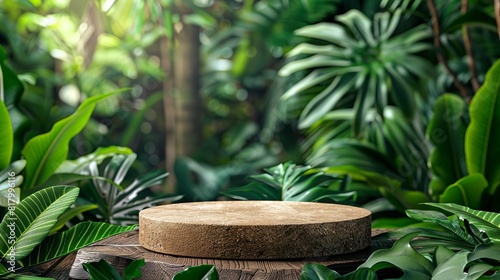 Circular economy concept with a blank product podium, made from recycled materials against a backdrop of lush green foliage, perfect for ecoproduct display photo