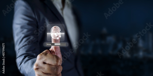 Biometric security systems, Men use a thumb finger to access data on a visual screen, cyber security innovation technology