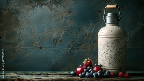   Bottle milk, strawberries, blueberries sit blue wall table photo