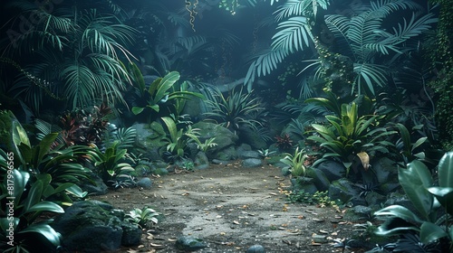Fototapeta Naklejka Na Ścianę i Meble -  A dark tropical jungle with various carnivorous hostile plants and flora, ashen color floor and dense foliage in the background. Empty centrally lit clearing. Generative AI.