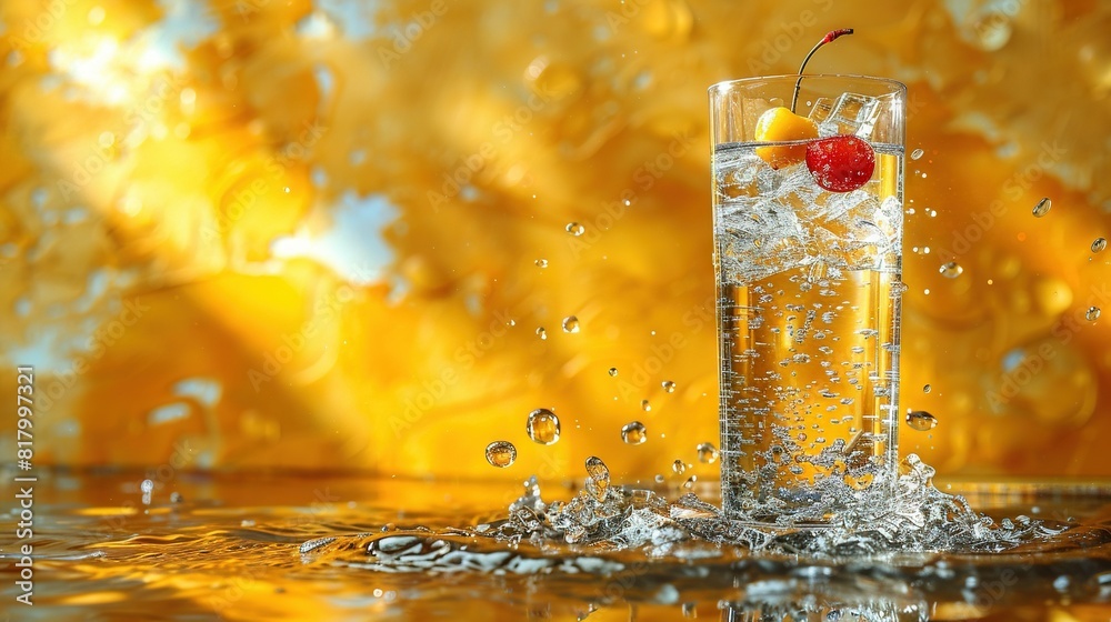 A glass of water with a cherry in it, a splash of water on the glass, and a yellow background A glass of water with a cherry in it, a splash of water on the glass, and a yellow background