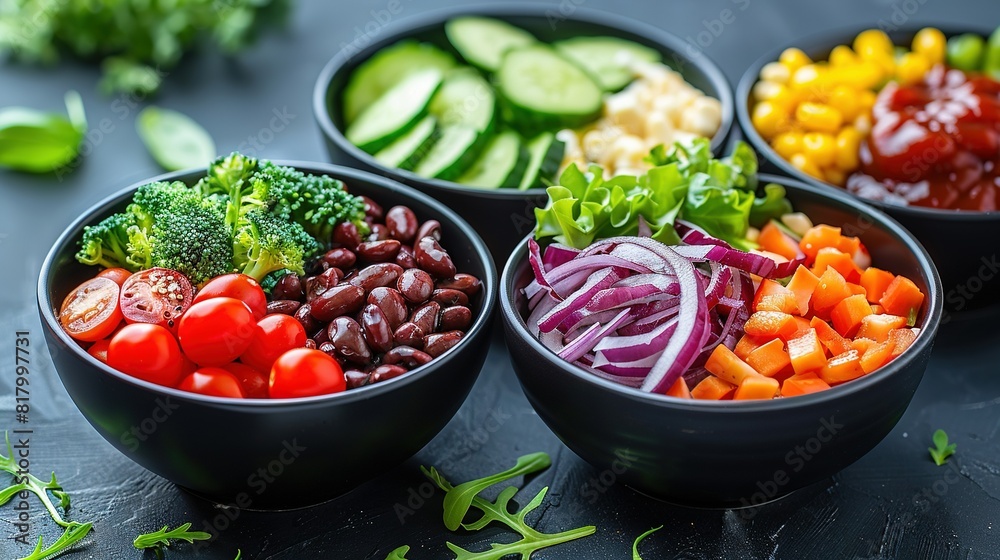 A photo of four bowls filled with broccoli, tomatoes, cucumbers, and beans A photo of four bowls filled with broccoli, tomatoes, cucumbers, and beans