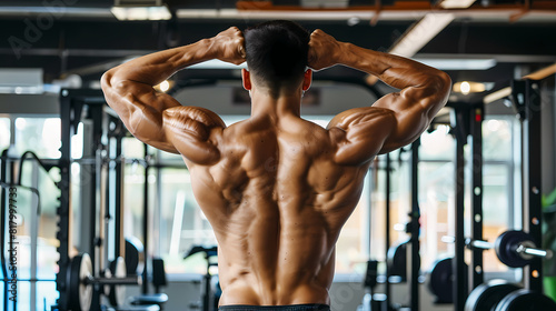 Muscular back of a male athlete bodybuilder exercising in the gym 