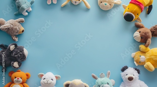 Frame of various plush animals on a blue background