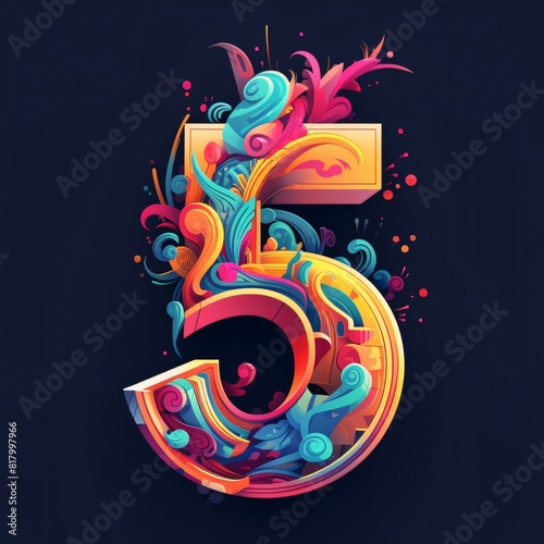 5 number with colorful floral elements on dark background - vector illustration.