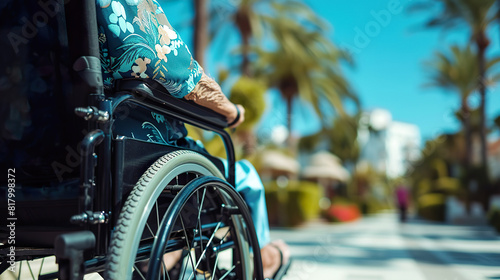 Elderly Person in Wheelchair, tropical Outdoors with palms photo