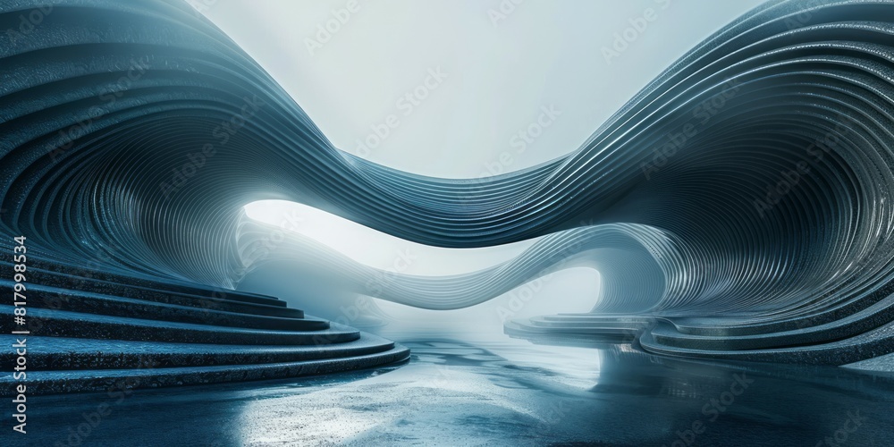 A futuristic building with a wavy shape stands tall against the sky A futuristic building with a wavy shape stands tall against the sky
