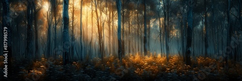 Sunlight streaming through tall forest trees in a mystical and serene setting creating a tranquil atmosphere perfect for nature and environmental themes.