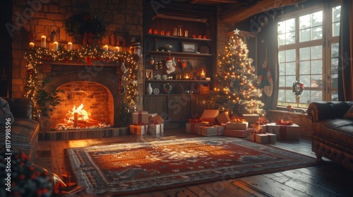 festive holiday background with christmas tree, gifts, and fireplace in a cozy living room