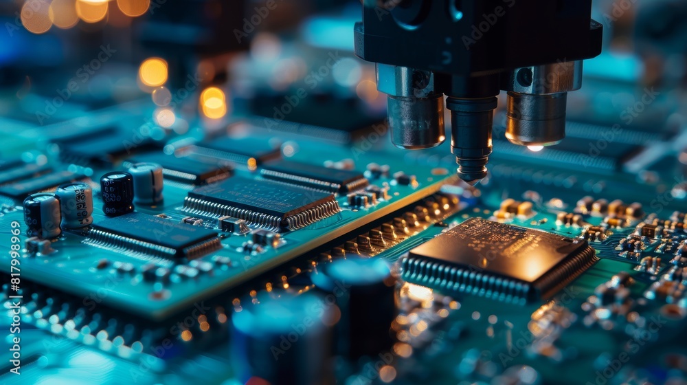 Close-up of a robot arm assembling circuit boards in a high-tech electronic factory, sharp focus on precise movements and detailed components Close-up of a robot arm assembling circuit boards in a high-tech electronic factory, sharp focus on precise movements and detailed components