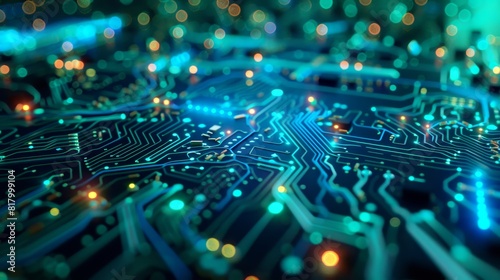 Close-up of electronic circuit boards with glowing connections, futuristic blue and green lighting, high detail