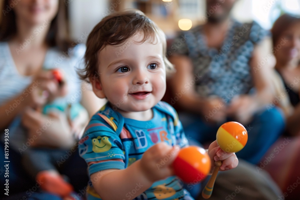 Fototapeta premium A baby is happily playing with a toy in front of a group of people, engaging in joyful activities