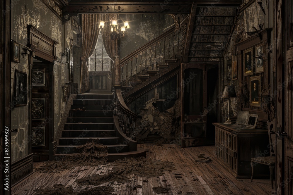 A dark creepy hallway with a staircase leading up to a room. The room has a picture on the wall and atmosphere is eerie and unsettling