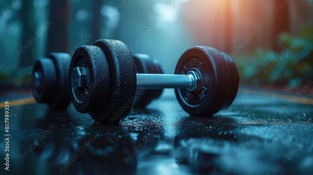 Serene gym atmosphere with weights on misty floor Serene gym atmosphere with weights on misty floor