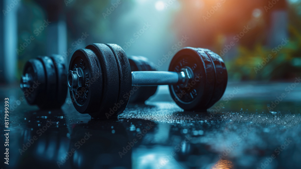 Orderly array of weights on gym's reflective floor Orderly array of weights on gym's reflective floor