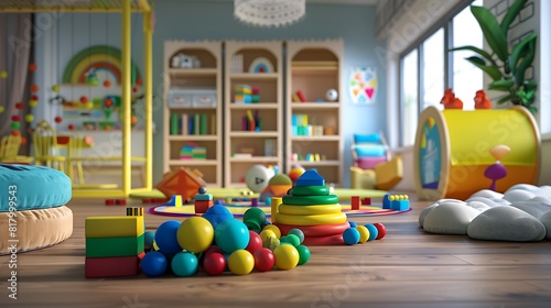 Vibrant play area with soft toys and blocks  creating a warm environment for baby boy s ment