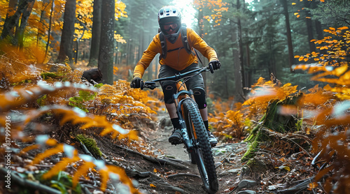 Biker on bike in a single track at forest. Generative AI. © visoot