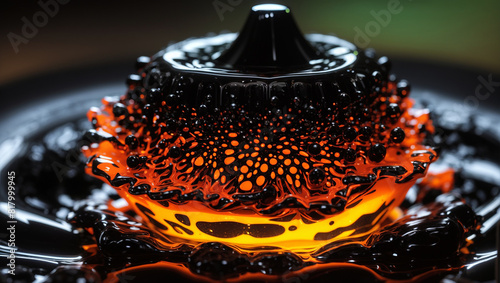 Black ferrofluid is suspended in a magnetic field, which is causing the fluid to form spikes that resemble flames.

 photo