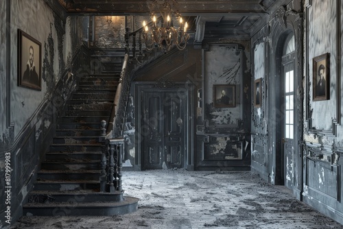 A dark creepy hallway with a staircase leading up to a room. The room has a picture on the wall and atmosphere is eerie and unsettling