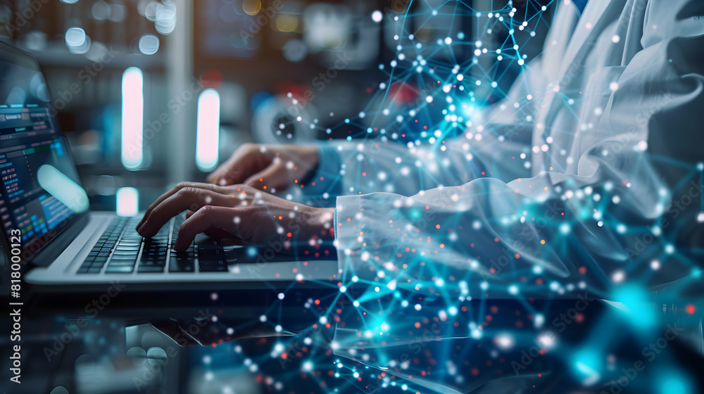 Scientist using digital tools in laboratory for research illustrating digital transformation in scientific exploration Scientist using digital tools in laboratory for research illustrating digital transformation in scientific exploration