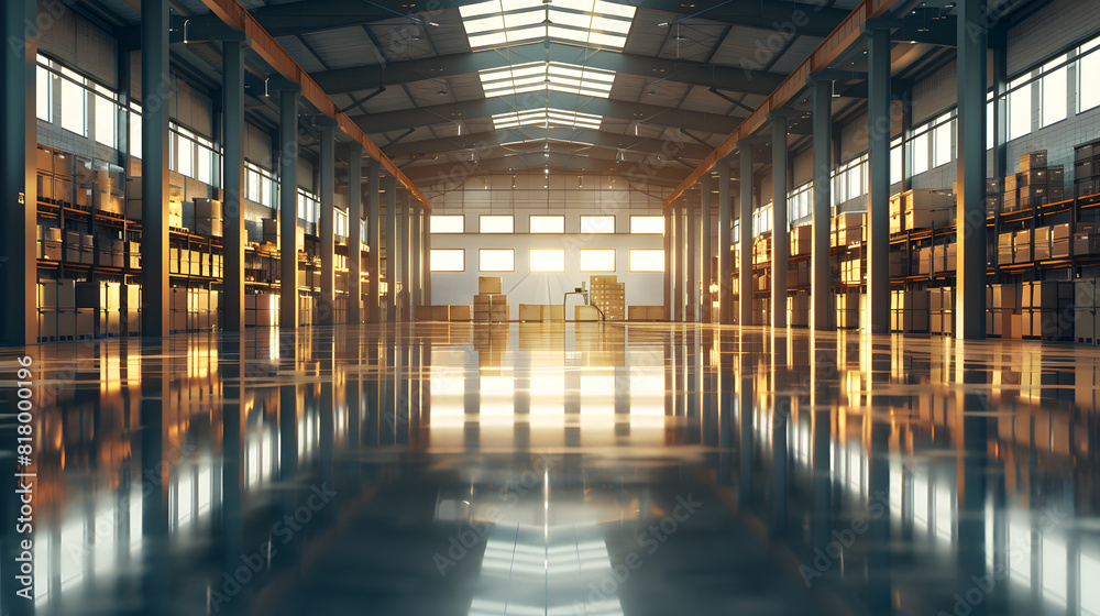warehouse interior with rows of shelves and racks.