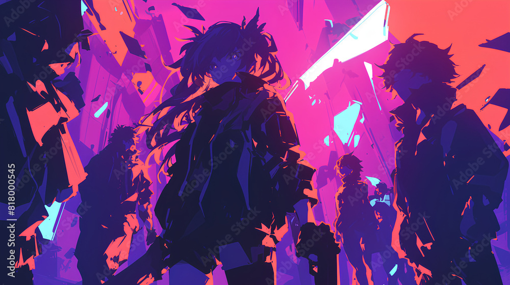 walking anime people, glowing psychedelic walking anime people, glowing psychedelic
