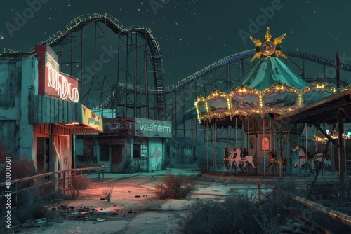 A abandoned amusement park with a carousel and a Ferris wheel