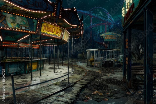 A abandoned amusement park with a carousel and a Ferris wheel
