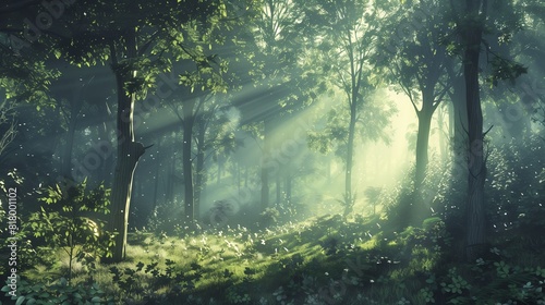 Serene forest wallpaper offers peace with sunlight through tall trees.