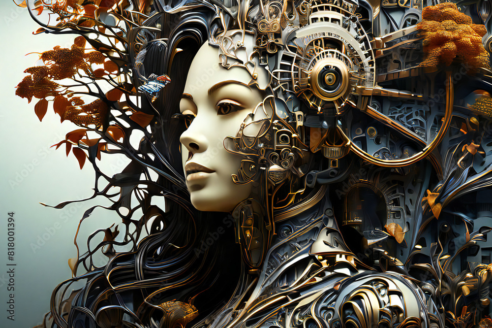 Humanoid woman and nature all mixed into single beautiful being. 3d concept art. Humanoid woman and nature all mixed into single beautiful being. 3d concept art.