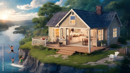 A stunning 3D render illustration of a charming country house nestled on a bluff overlooking a picturesque lake. The house is characterized

by its wooden exterior, gabled roof, and large windows that photo