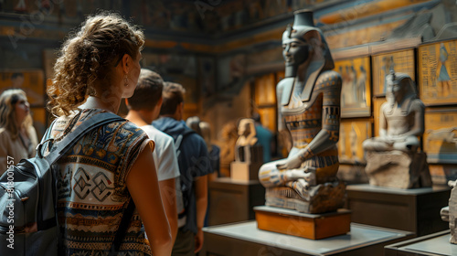 Photo realistic illustration of tourists visiting a historical museum  exploring exhibits and learning about the past. Ideal for travel  history  and cultural exploration content.