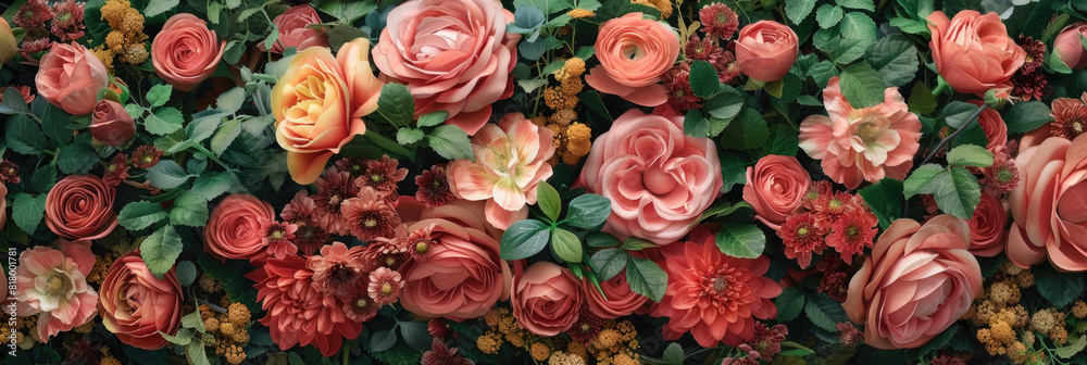 A vibrant display of pink and orange flowers hanging on a wall, creating a cheerful and colorful scene
