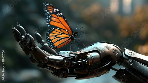 A robotic hand is holding an orange butterfly. The butterfly appears to have landed on the robotic hand.

 photo