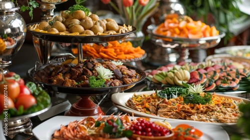 A buffet filled with a wide array of mouthwatering dishes, including appetizers, main courses, side dishes, and desserts. Different cuisines and flavors photo