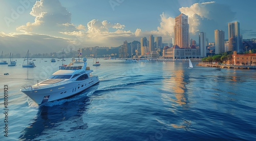 A beautiful city skyline, impressive panorama, scenic views, waterfront, sprawling, romanticized cityscape, highly ornate buildings, classical yachts. Generative AI. photo