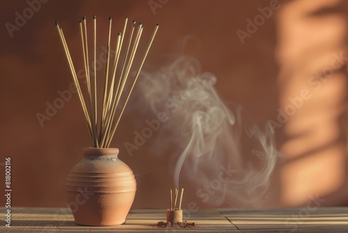 Cinematic photo of sticks for the room diff iPhones in an elegant vase with brown background, filled with smoke from incense and cocoa powder on wooden table. Aesthetic and minimalistic.