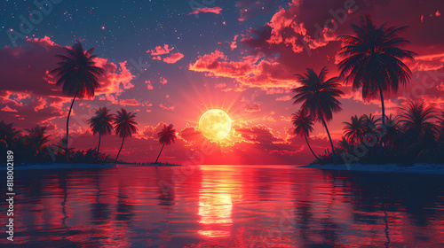 3d illustration silhouette of palm trees on a colorful, star filled sky background with the sun © TP SHOTS