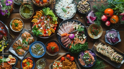 A variety of mouthwatering dishes from different cuisines are displayed on a rustic wooden table. The spread includes appetizers, main courses, desserts, and beverages, creating a feast for the eyes
