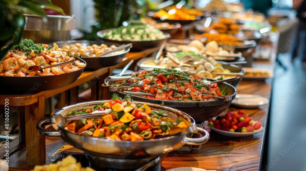 A buffet table filled with a wide array of delectable dishes such as appetizers, main courses, side dishes, desserts, and more. Different cuisines and flavors
